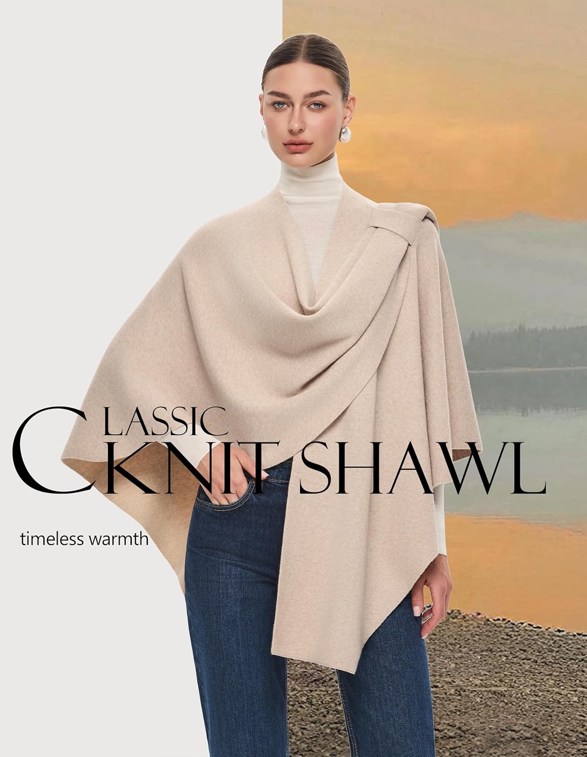 PULI Womens Large Cross Front Poncho Sweater Wrap Topper Knitted Elegant Shawls Cape for Fall Winter