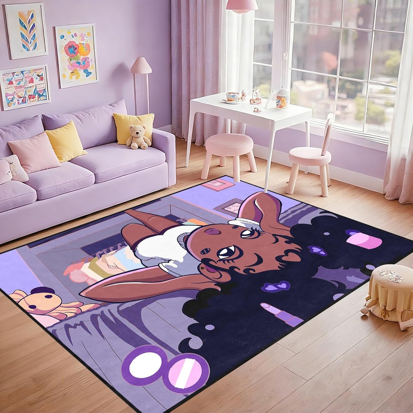 Black Girl Area Rug for Bedroom African Black Girls Floor Rugs for Living Room Playroom Cartoon Art Home Decor Soft Yoga Mats for Women Afro Purple 47" x 31" (2.7 x 3 Feet)