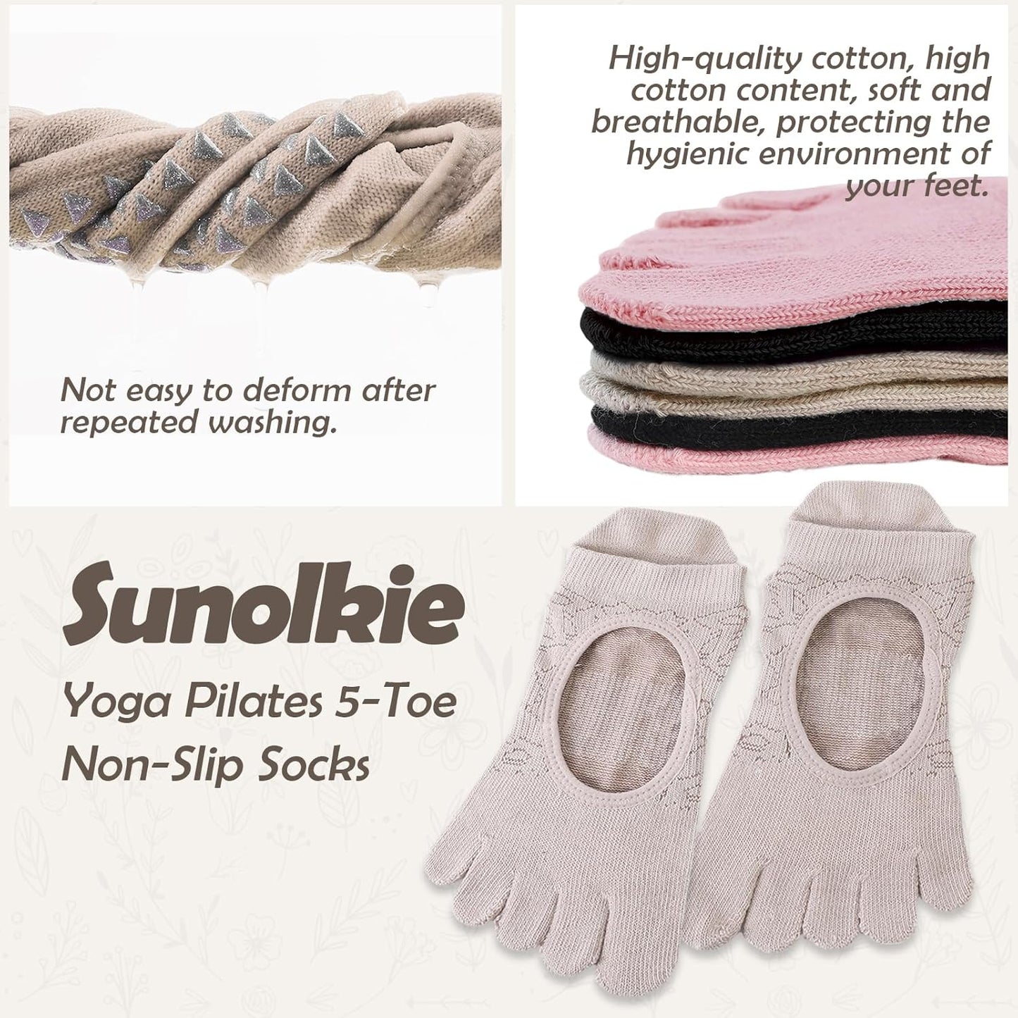 Women's Non-Slip Pilates Yoga Socks, 5-Toe Breathable Cotton Sports Socks, For Pregnant Women, 3 Pairs