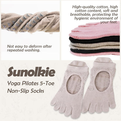 Women's Non-Slip Pilates Yoga Socks, 5-Toe Breathable Cotton Sports Socks, For Pregnant Women, 3 Pairs