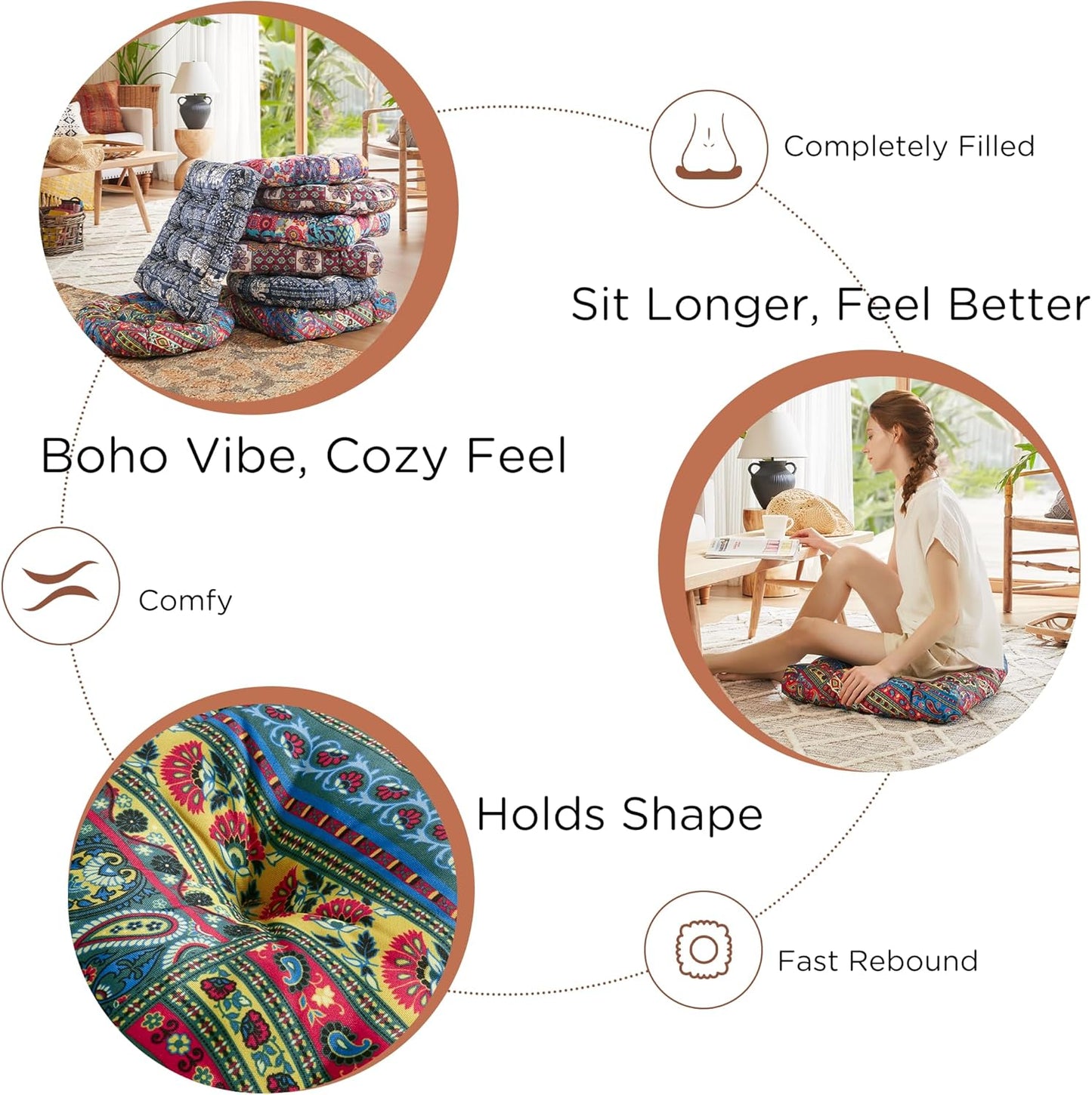 Codi Boho Floor Pillow, Large Meditation Cushion for Adults, Square Pillows Seating for Yoga Living Room Tatami Sitting Home Decor, Memory Foam Added, 22x22 Inch, Multi Patchwork