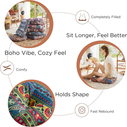 Codi Boho Floor Pillow, Large Meditation Cushion for Adults, Square Pillows Seating for Yoga Living Room Tatami Sitting Home Decor, Memory Foam Added, 22x22 Inch, Multi Patchwork