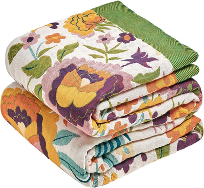 Boho Throw Blanket - 100% Cotton Soft Summer Throw Blanket for Bed, 50"x60" Reversible Breathable Lightweight Blankets, All Seasons Farmhouse Decor Floral Plant Butterfly Throw Quilt