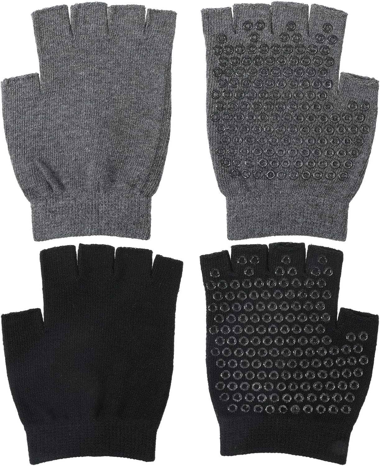 Skrfren 2 Pairs Yoga Gloves Pilates Gloves with Grips for Women Fingerless Non Slip Gym Glove for Workout Sport Pilates, Fitness, Exercise Black Grey