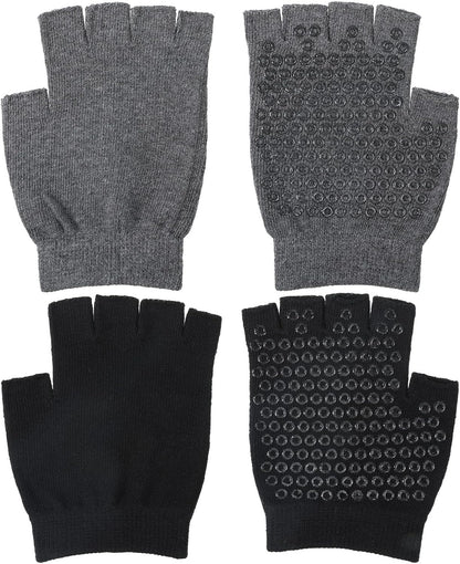 Skrfren 2 Pairs Yoga Gloves Pilates Gloves with Grips for Women Fingerless Non Slip Gym Glove for Workout Sport Pilates, Fitness, Exercise Black Grey