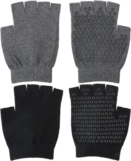 Skrfren 2 Pairs Yoga Gloves Pilates Gloves with Grips for Women Fingerless Non Slip Gym Glove for Workout Sport Pilates, Fitness, Exercise Black Grey