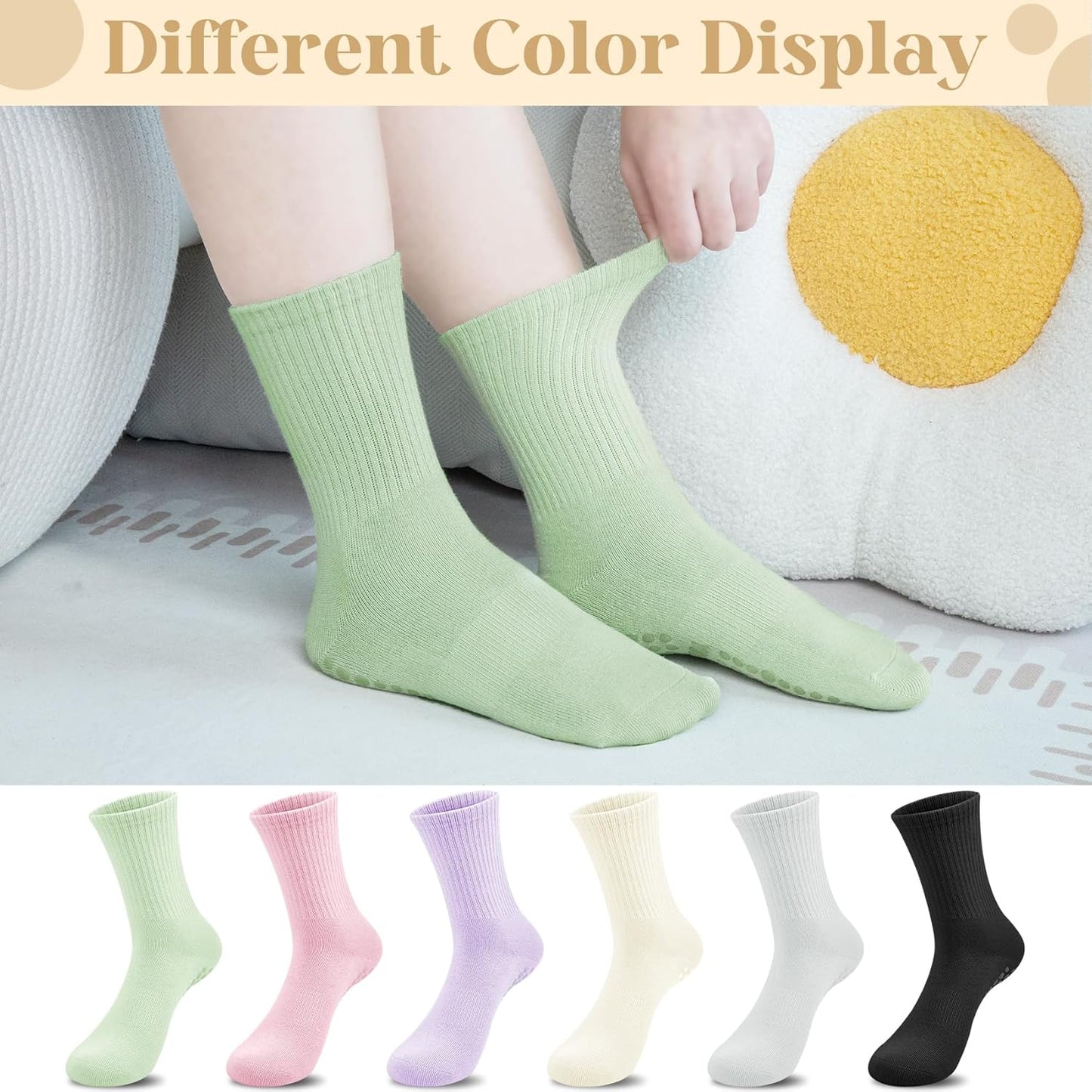 Justay 6 Pairs Pilates Socks with Grips for Women Soft Non Slip Crew Cotton Athletic Workout Barre Hospital Yoga Socks