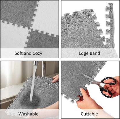 Flutesan 15 Pcs Winter Plush Puzzle Foam Floor Mat Interlocking Carpet Tiles Anti Slip Soft Warm Squares EVA Foam Crawling Rug for Play Floor Playroom Bedroom Nursery(Gray)