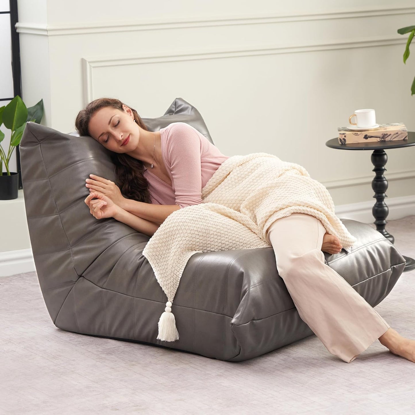 Hobestluk Giant Bean Bag Chair Lazy Floor Sofa, Memory Foam Fireside Sofa for Adults, Big Beanbag Faux Leather Armless Chair for Living Room Bedroom Dorm Office (Brown, Single)