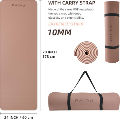 PAIDU Yoga Mat Non Slip Anti-tear,extra thick-2/5 inch（10MM）High Resiliency Professional POE Yoga Mats for Women Men Kids,72"x24"inch,Workout, Yoga, Pilates and Floor Exercise, with Carrier Strap
