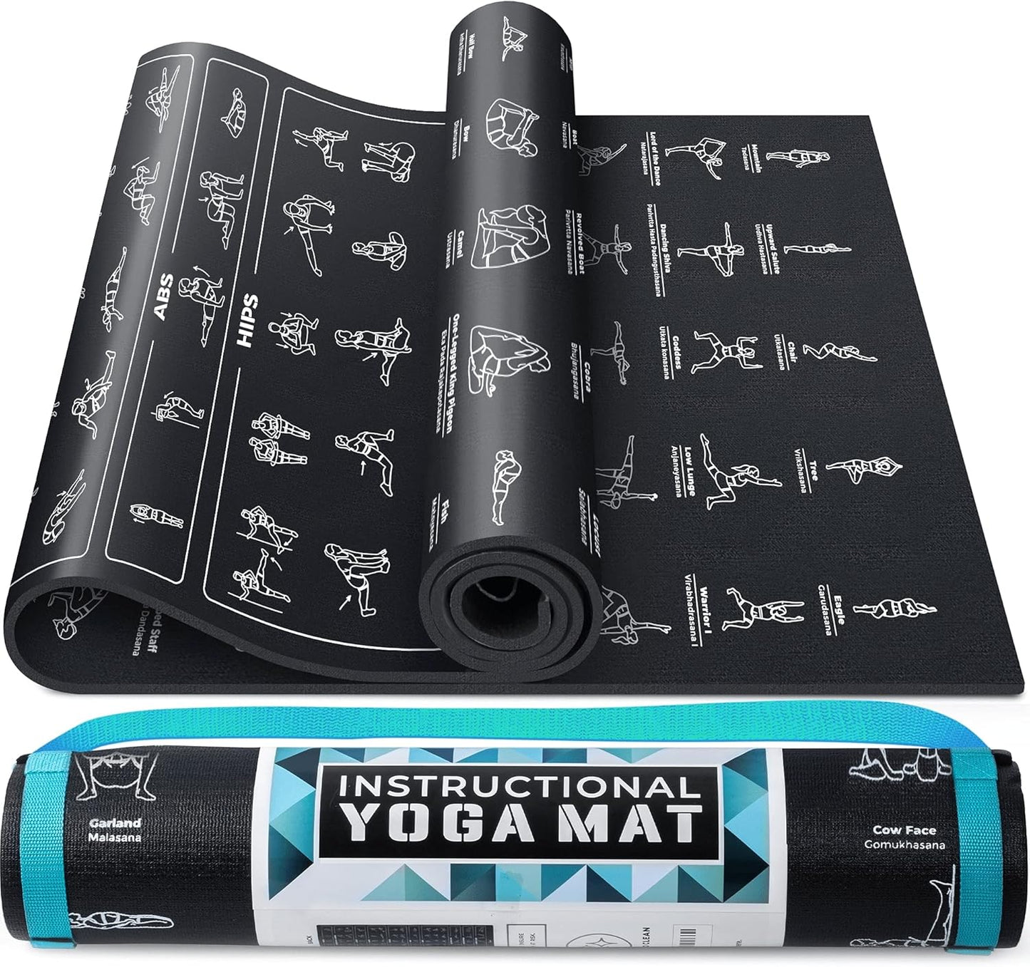 Instructional Yoga Mat with Carrying Strap: Cute Yoga Mat with 75 Illustrated Yoga Poses + 75 Easily-Followed Stretching Exercises - 1/4” Thick, Non-Toxic, Non-Slip Yoga Mats for Women and Men