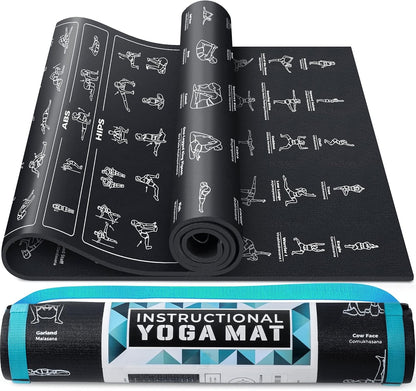 Instructional Yoga Mat with Carrying Strap: Cute Yoga Mat with 75 Illustrated Yoga Poses + 75 Easily-Followed Stretching Exercises - 1/4” Thick, Non-Toxic, Non-Slip Yoga Mats for Women and Men