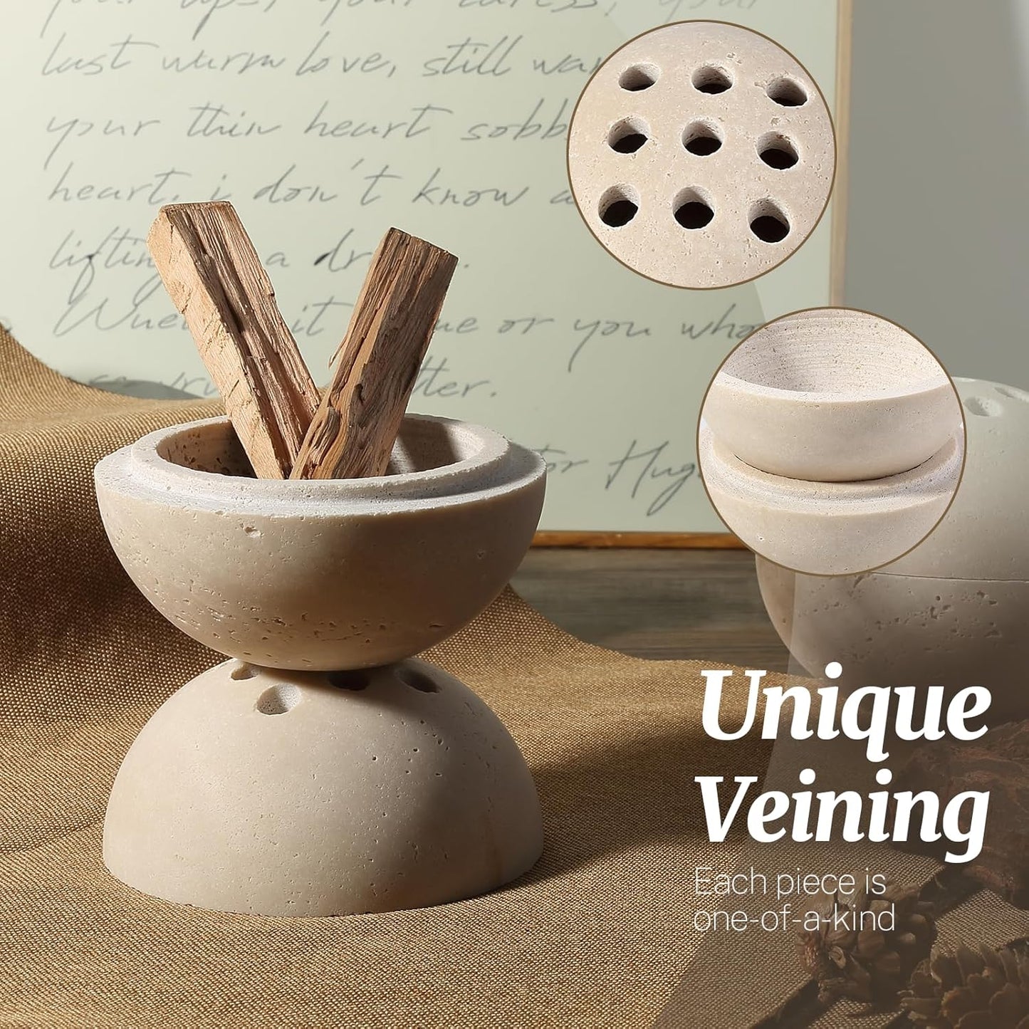 Natural Travertine Incense Burner – 4” Handmade Stone Incense Cone Holder, Minimalist Sphere Incense Burner for Home Decor, Meditation, Yoga, Spa, Relaxation (Beige)