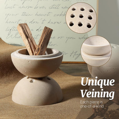 Natural Travertine Incense Burner – 4” Handmade Stone Incense Cone Holder, Minimalist Sphere Incense Burner for Home Decor, Meditation, Yoga, Spa, Relaxation (Beige)