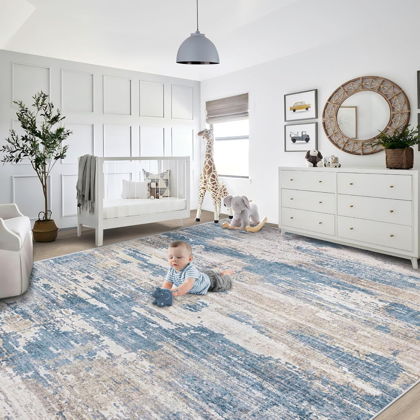 XLUEZ 8x10 Area Rugs for Living Room, Washable Modern Abstract Large Area Rug Neutral Soft Non Slip Kids Rug Stain Resistant Indoor Carpet for Bedroom Nursery Dining Children's Room(Blue, 8'x10')