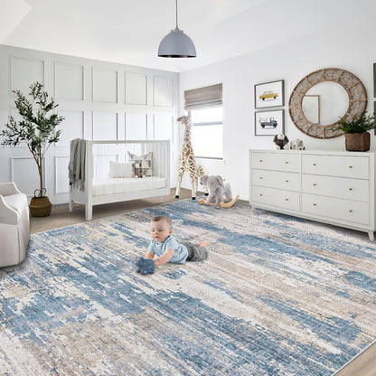 XLUEZ 8x10 Area Rugs for Living Room, Washable Modern Abstract Large Area Rug Neutral Soft Non Slip Kids Rug Stain Resistant Indoor Carpet for Bedroom Nursery Dining Children's Room(Blue, 8'x10')