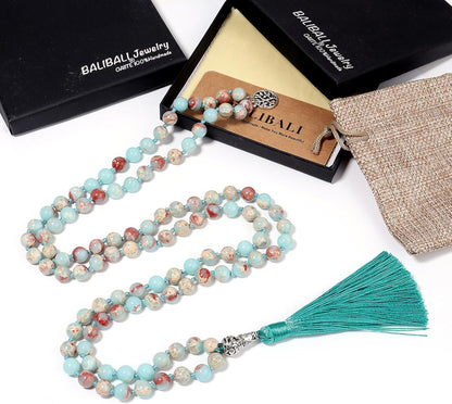 108 Mala Beads Necklace Semi-Precious Gem Stones Meditation Necklace 108 Hand Knotted Japa Mala Beaded Tassel Necklace with Tree of Life Pendant