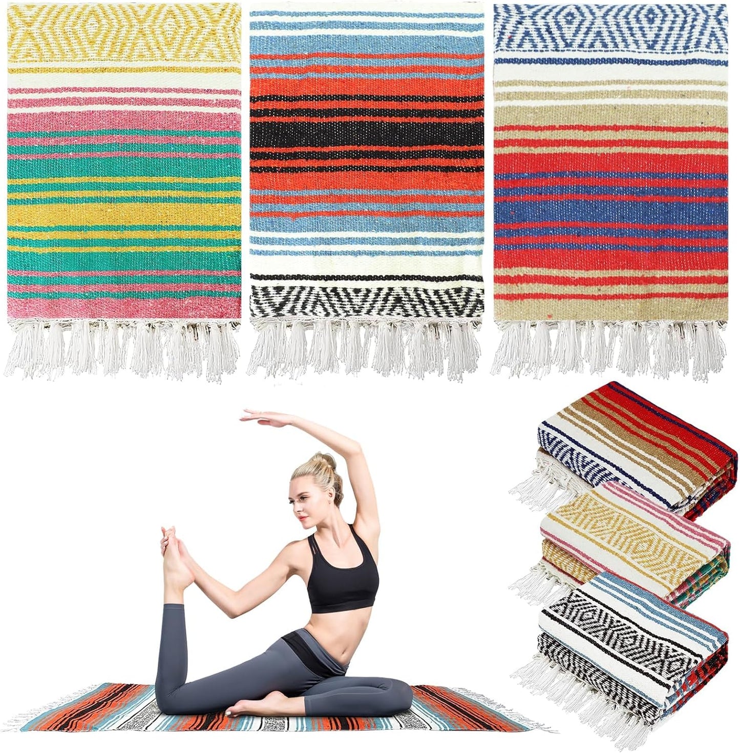 M-Aimee 3 Pcs Mexican Blanket Bulk, 45 x 70 Inch Yoga Blanket Large Cotton Outdoor Camping Blankets with Fringed for Outdoor Beach Picnic Home Decor