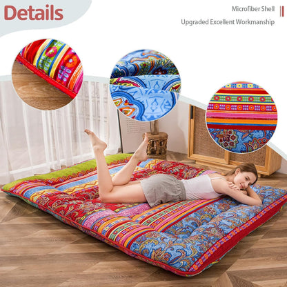 MAXYOYO Bohemian Retro Mattress Boho Floral Japanese Futon Mattress Tatami Floor Mat Foldable Portable Camping, Sleeping Pad, Lounger Couch Bed Full Size