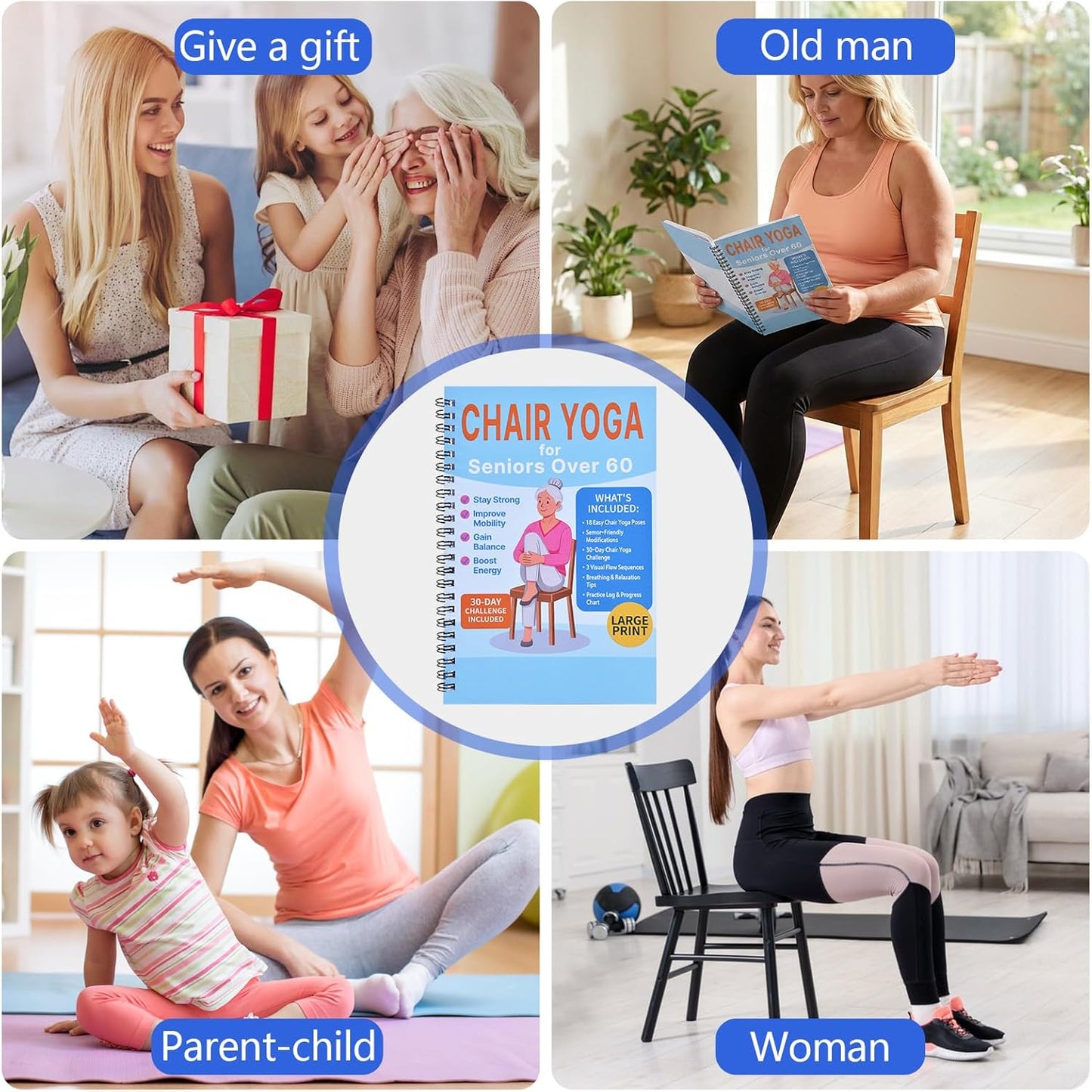 Chair Yoga for Seniors Over 60 Book & Chart – 30-Day Challenge, Gentle Seated Yoga Guide, Chair Yoga for Weight Loss & Flexibility, Senior Chair Exercises for Women & Men，Top Choice for Family Gifts (Purple)
