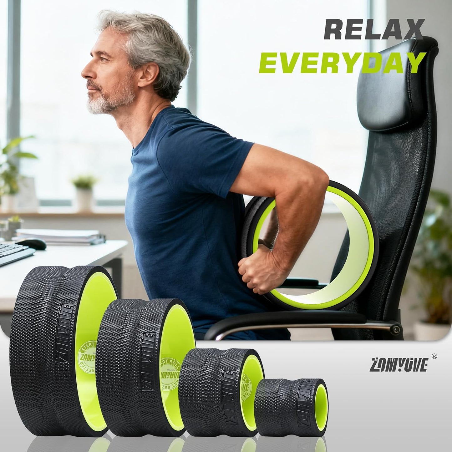 3 Pack Back Roller- Yoga Wheel for Back Pain Reliefn & Stretching, Back Wheel for Deep Tissue Massage, Foam Roller for Physical Therapy & Exercise
