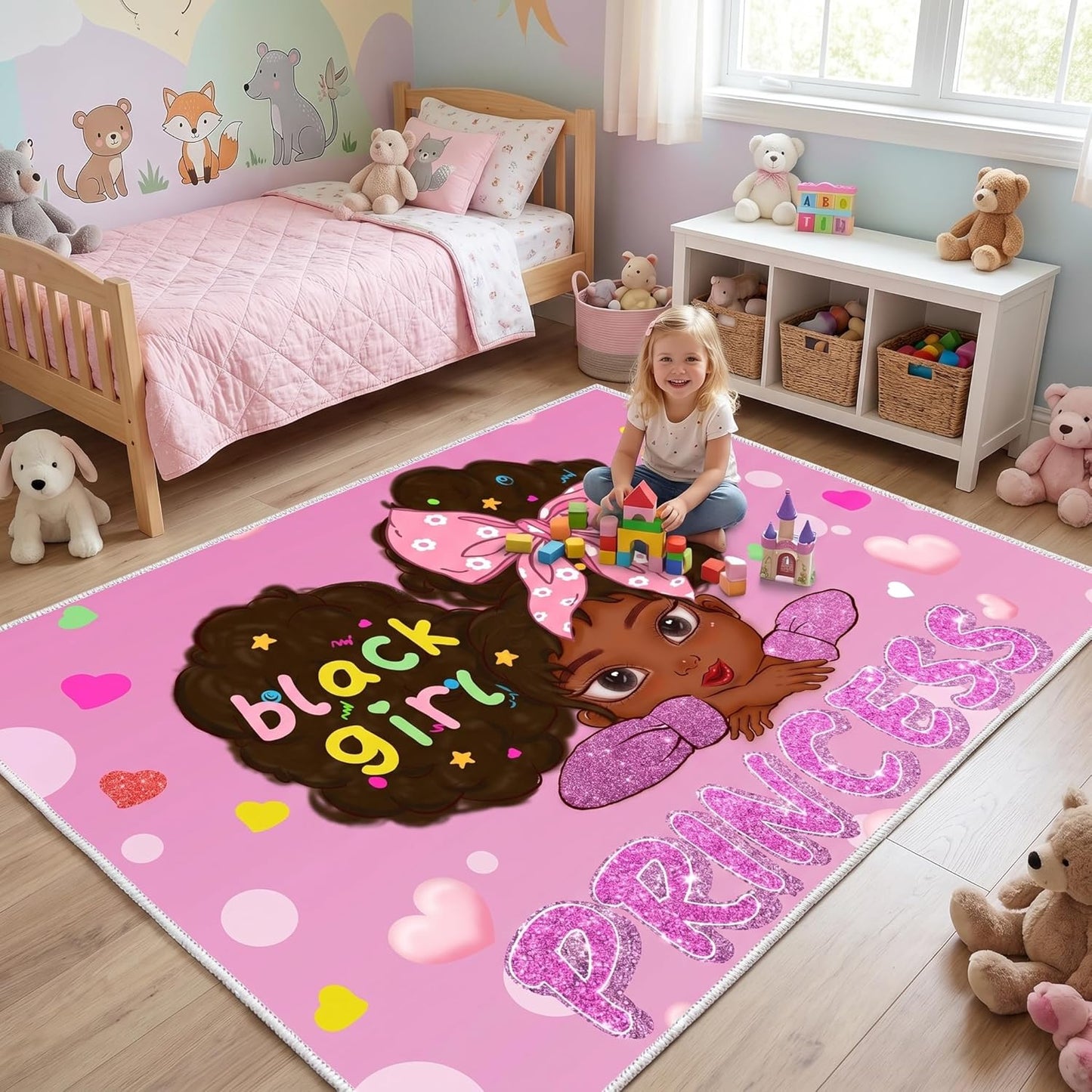 Black Girl Area Rug for Bedroom African American Rugs for Room Princess Carpet Kids Rugs for Bedroom African Girls Carpet for Living Room Teen Girls Yoga Mats, Pink, 4'×5'