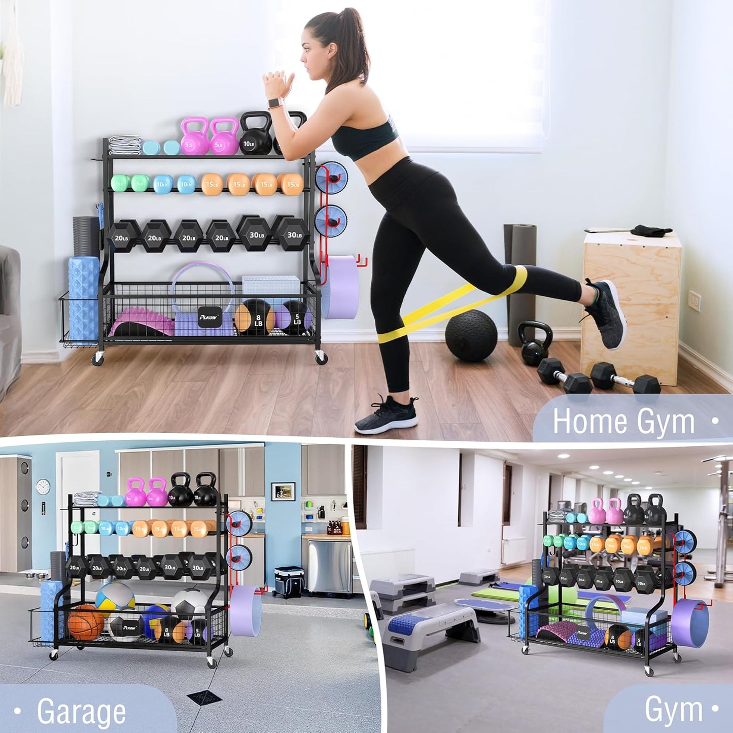 PLKOW Dumbbell Rack, Weight Rack for Dumbbells, Home Gym Storage for Dumbbells Kettlebells Yoga Mat and Balls, All in One Workout Storage with Wheels and Hooks, Powder Coated Finish Steel