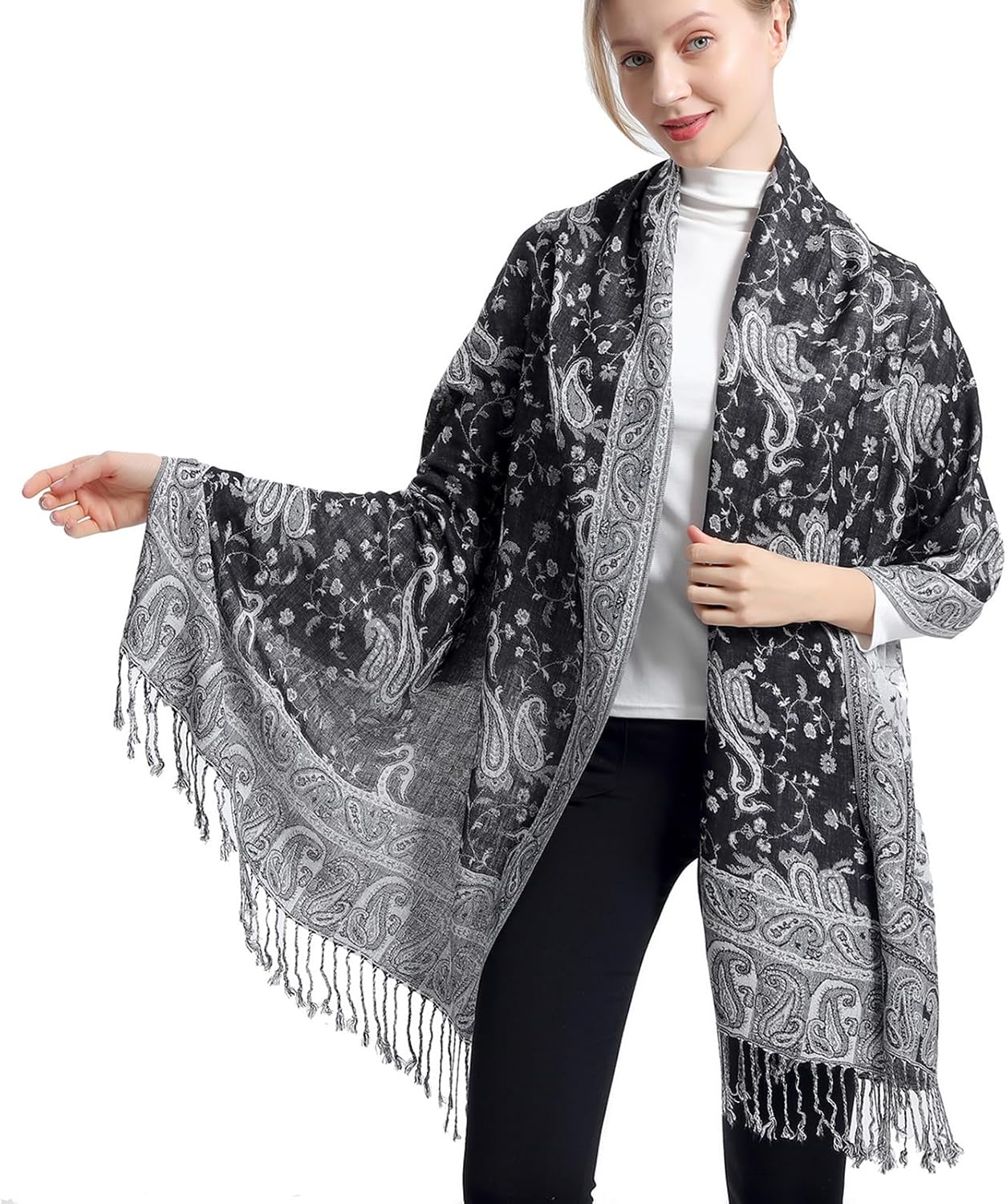 Ciormis Two Tone Silky Paisley Pashmina Shawl Scarf,Soft Women's Rave Jacquard Pashminas Wrap Scarves