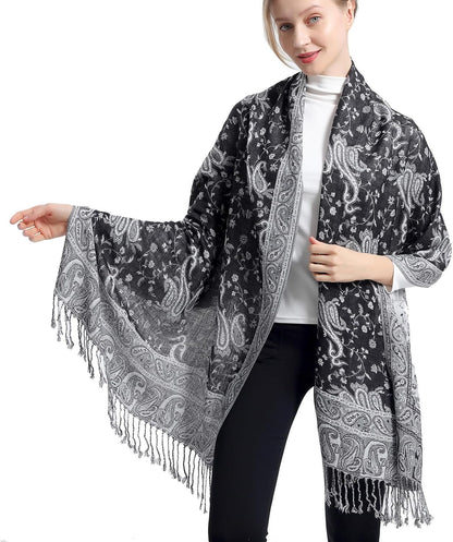 Ciormis Two Tone Silky Paisley Pashmina Shawl Scarf,Soft Women's Rave Jacquard Pashminas Wrap Scarves
