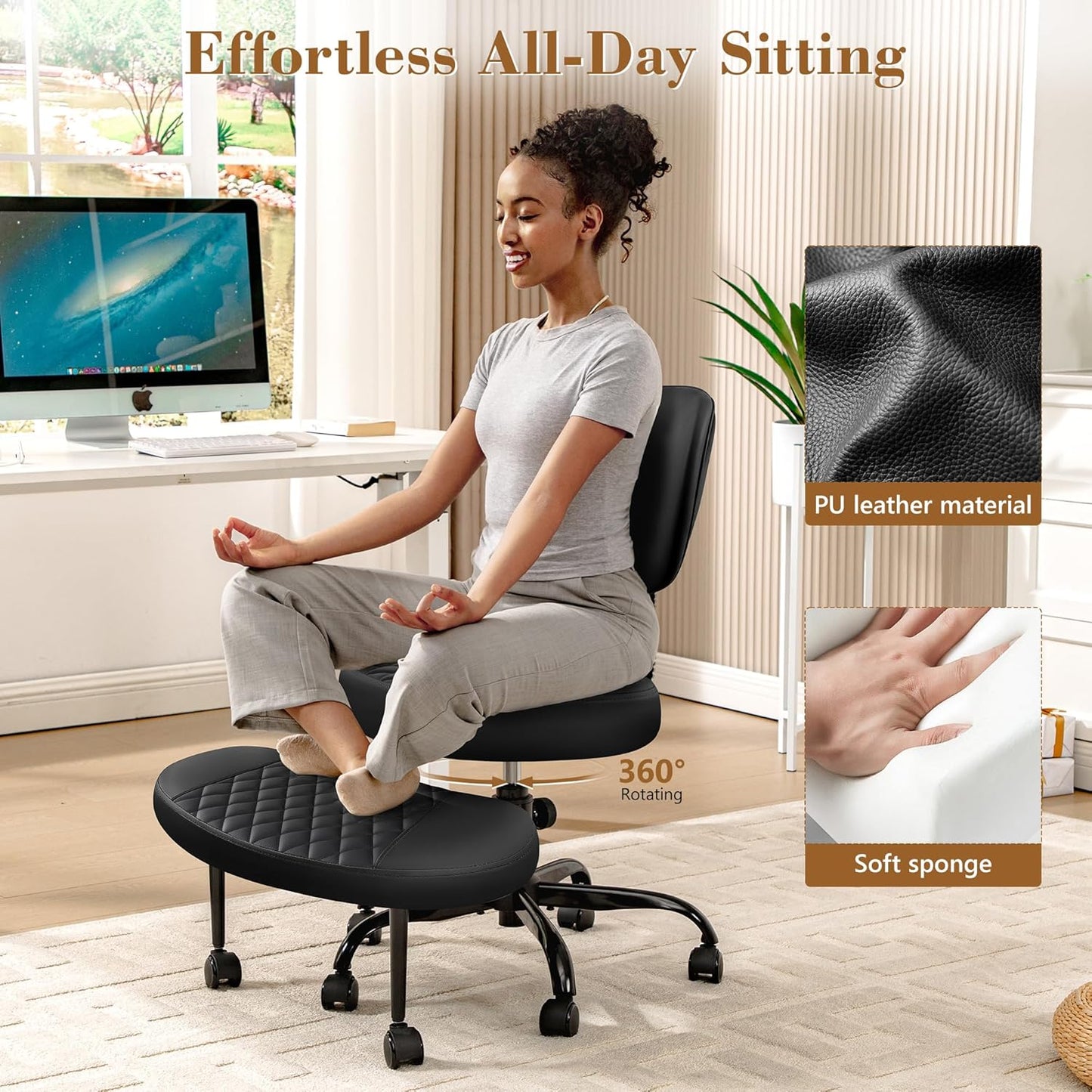 AtHope Ergonomic Cross Legged Office Chair with Wheels - Adjustable Height for Meditation, ADHD Desk & Yoga - Wide Criss Cross Design with Lumbar Support, Kneeling Chair - Black