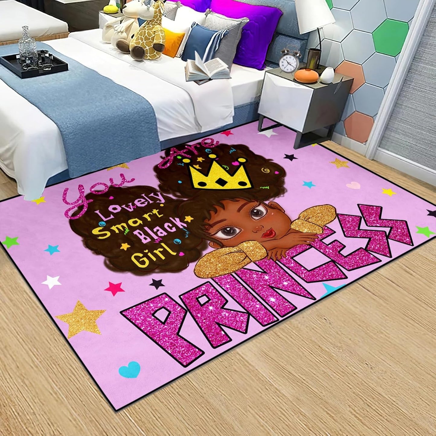 Black Girl Area Rug for Bedroom African American Rugs for Room Princess Carpet Kids Rugs for Bedroom African Girls Carpet for Living Room Teen Girls Yoga Mats, Pink, 4'×5'