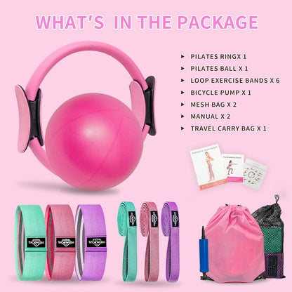 DICYWUDI Pilates Essentials Kit for Home Women, Pilates Equipment for Workouts, 6 Fabric Resistance Bands, 12 Inch Magic Circle Yoga Ring, Mini Exercise Ball, Great Exercise Equipment