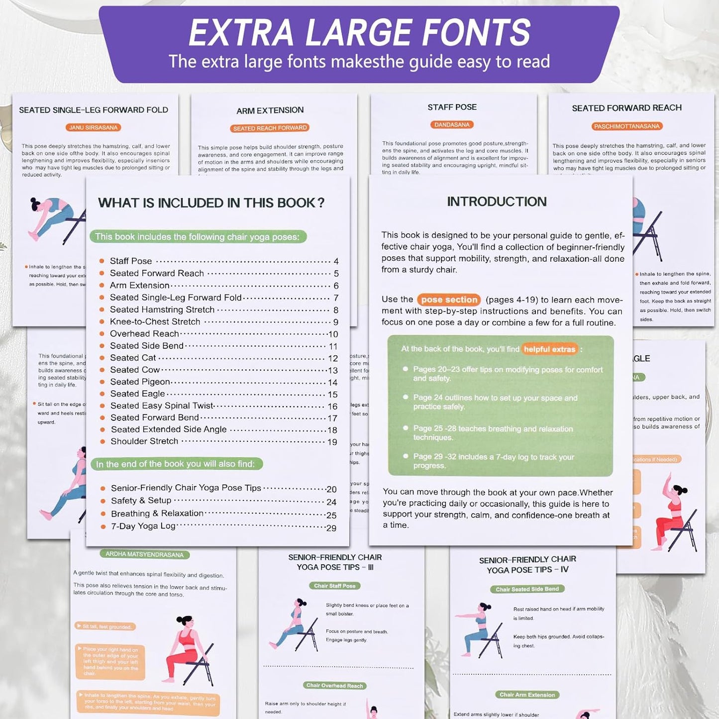 Chair Yoga for Seniors Over 60 Book & Chart – 30-Day Challenge, Gentle Seated Yoga Guide, Chair Yoga for Weight Loss & Flexibility, Senior Chair Exercises for Women & Men，Top Choice for Family Gifts (Purple)