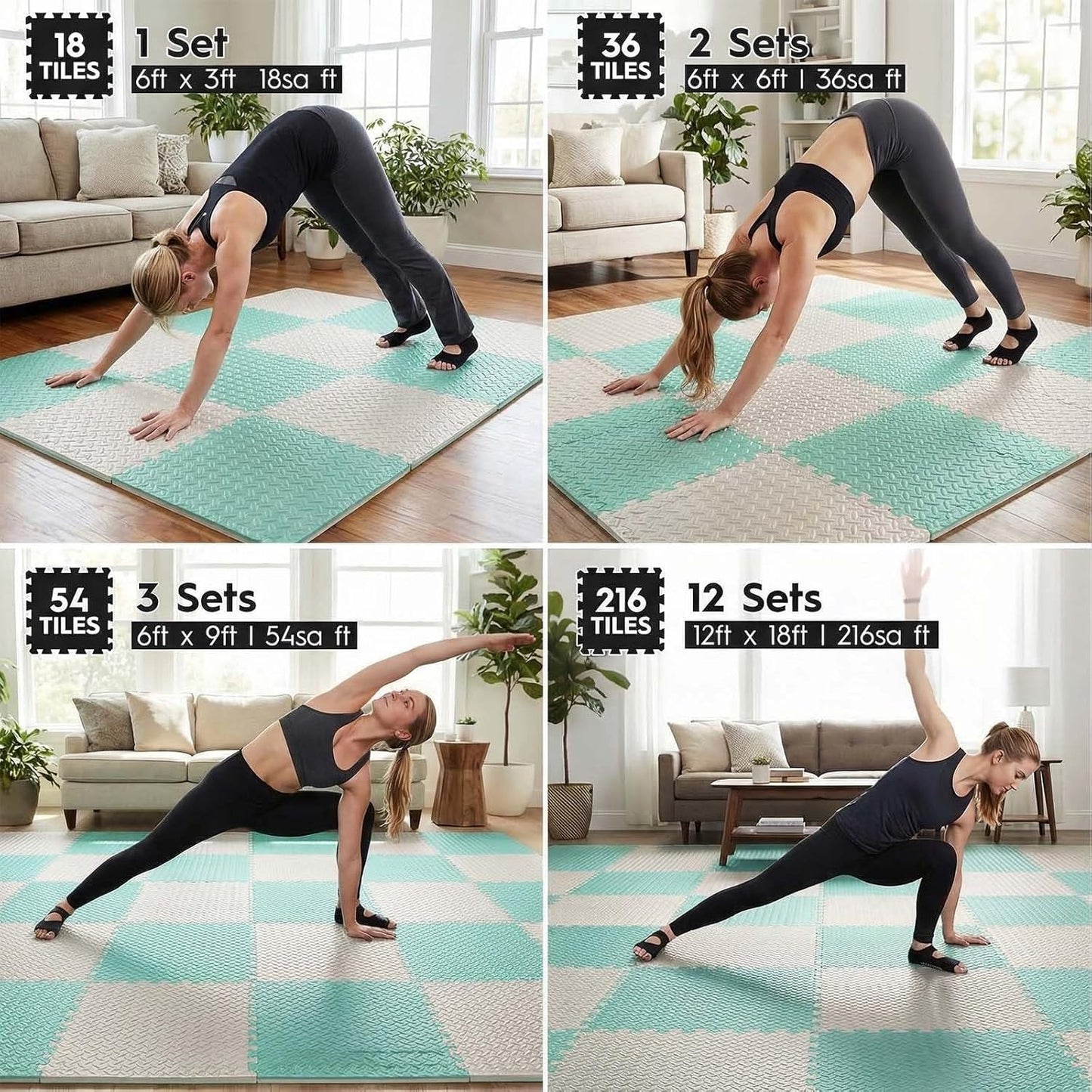 18 Tiles Puzzle Exercise Mat, 12.6" x 12.6" x 0.4", 18 Sq Ft EVA Interlocking Foam Floor Tiles, Non-Slip, Protective, Water-Resistant Flooring for Home Gym & Workout Equipment