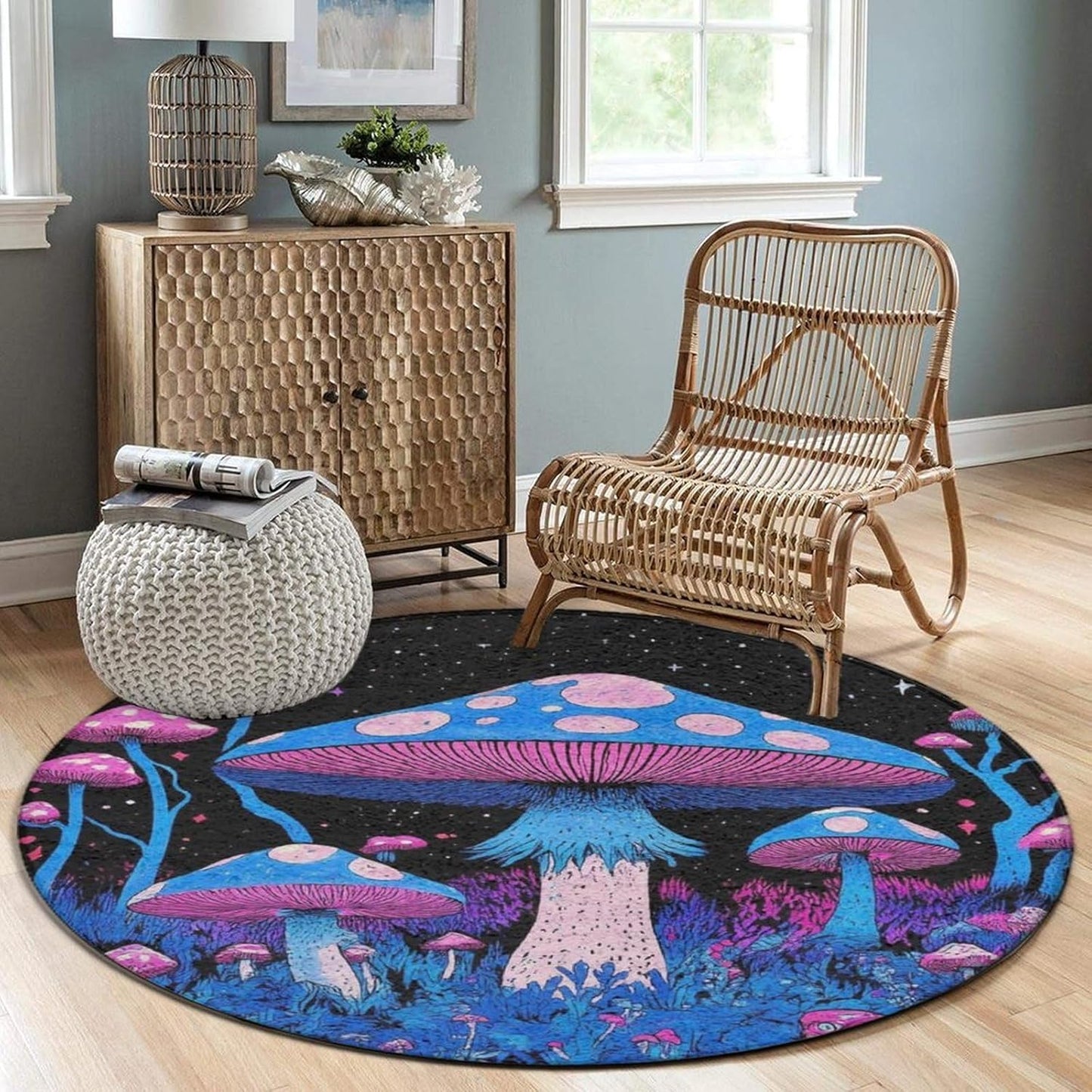 Machine Washable Modern Round Area Rug, Room Sofa Yoga Soft Round Carpet, Home Decor Non Slip Kitchen Office Circle Rug Trippy Rainbow Mushroom Tie Dye Art, 60inch