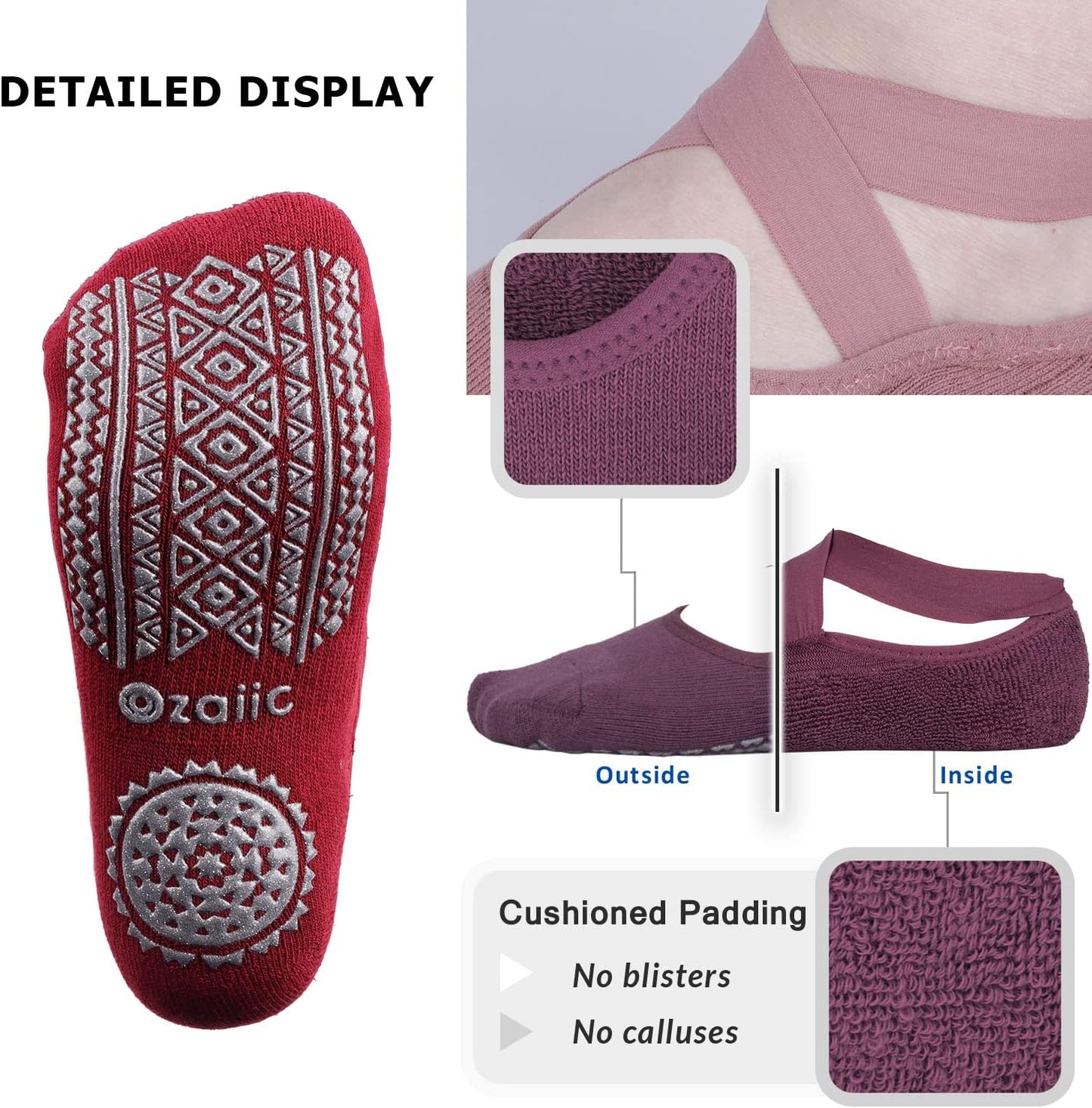 Ozaiic Pilates Socks for Women Non Slip Grip, Yoga Socks with Grippers for Barre, Hospital, Ballet, Dance, Barefoot Workout
