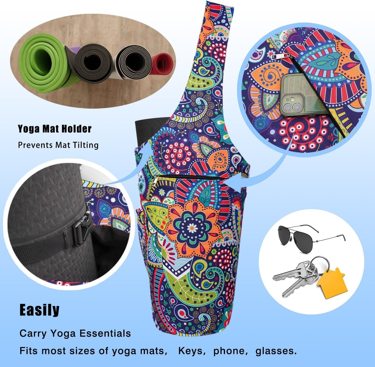 Yoga Mat Bag - Large Opening Long Tote Yoga Mat Carrier Holder Bag with Waterproof Wet Zipper Pocket and Drawstring Water Bottle Pocket - Yoga Bag Fit Most Size Mats