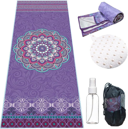 Yoga Towel with Corner Pockets Non Slip Hot Yoga Towel 24" x72" for Hot Yoga, Pilates Fitness,Sweat,Bikram,Workout,Non Slip Sweat Absorbent Hot Yoga Towels (Purple with Non-Slip Grip Dot)
