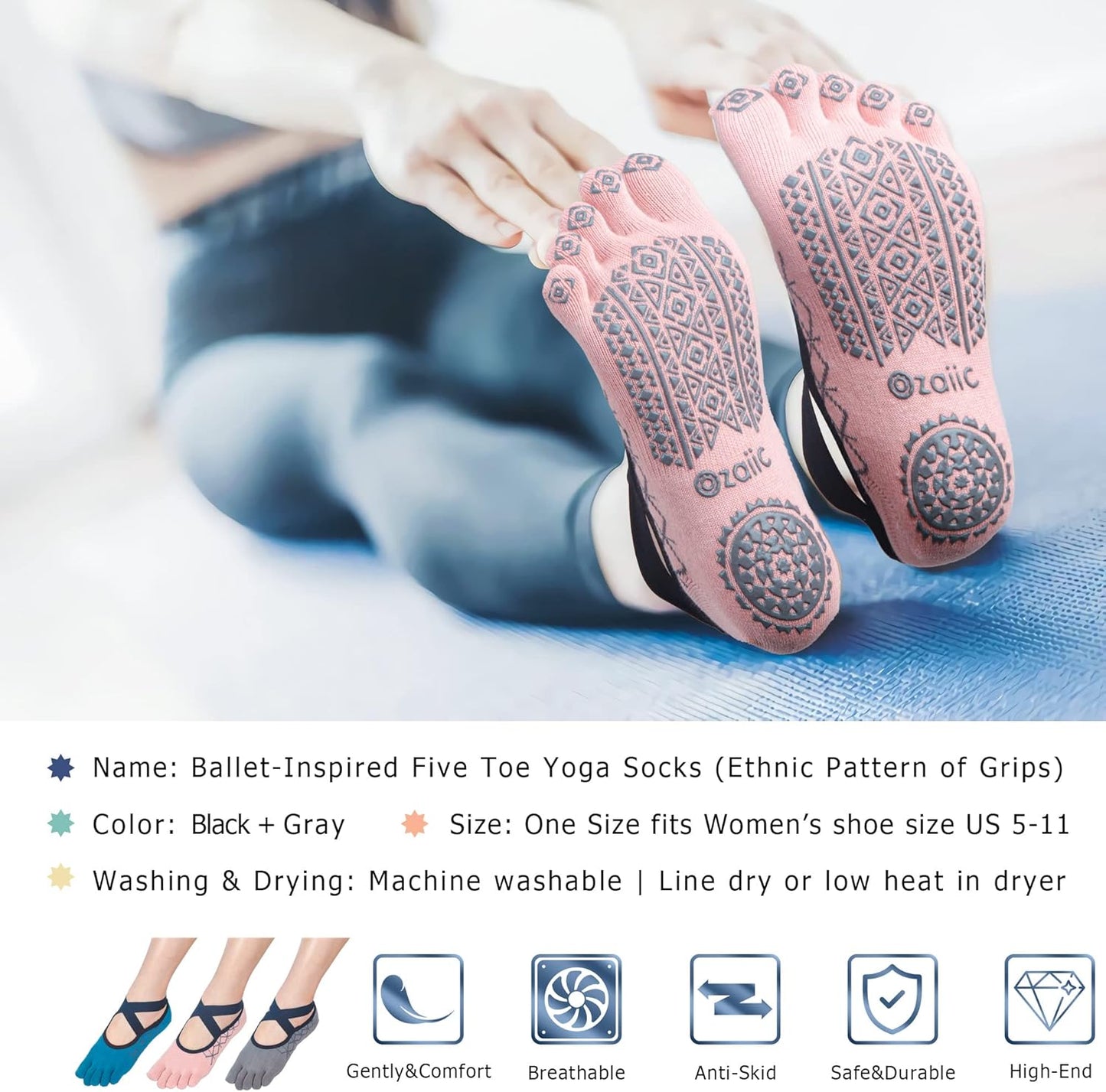Ozaiic Yoga Socks for Women with Grips, Non-Slip Five Toe Socks for Pilates, Barre, Ballet, Fitness