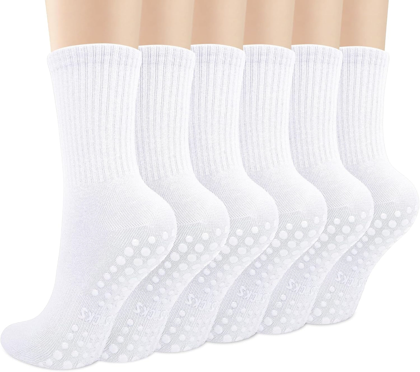 Justay 6 Pairs Pilates Socks with Grips for Women Soft Non Slip Crew Cotton Athletic Workout Barre Hospital Yoga Socks