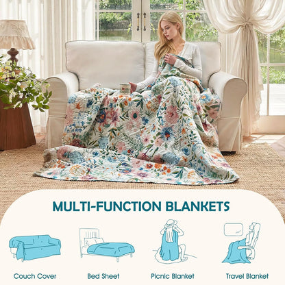 Boho Throw Blanket - 100% Cotton Soft Summer Throw Blanket for Bed, 50"x60" Reversible Breathable Lightweight Blankets, All Seasons Farmhouse Decor Floral Plant Butterfly Throw Quilt