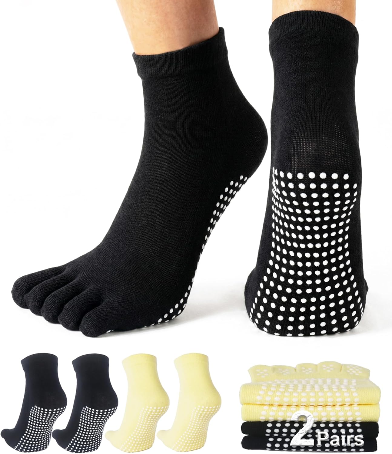 1/2 Pairs Grippy Socks Woman Pilates Grip Socks Non Slip Full Toe Barre Ballet Non Skid Yoga Socks One Size 5.5-9