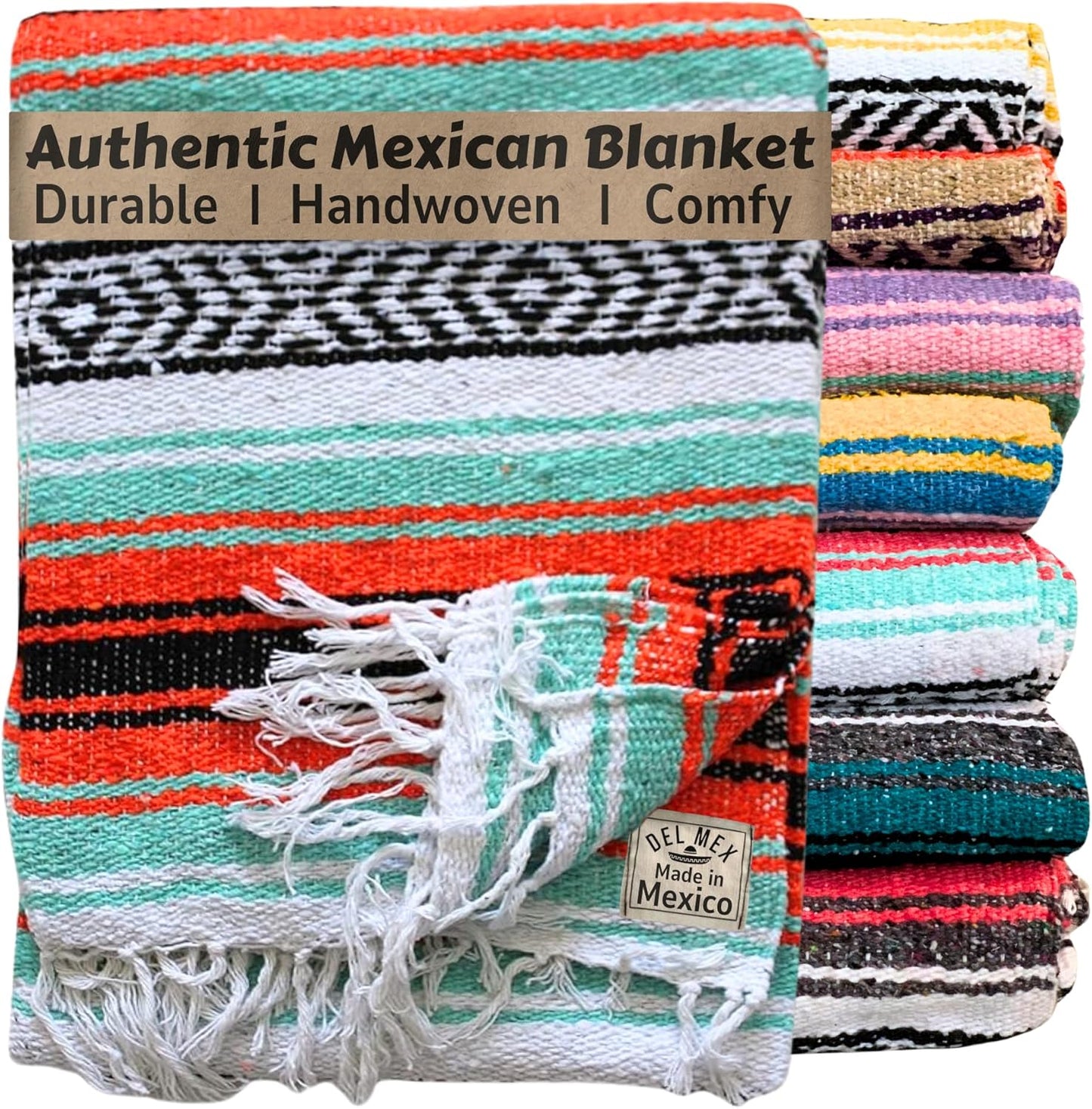 Del Mex Classic Mexican Blanket, Large Authentic Woven Falsa Throw (70"x50"), Artisan Southwest Décor for Beach, Yoga, Outdoors (Lavender)