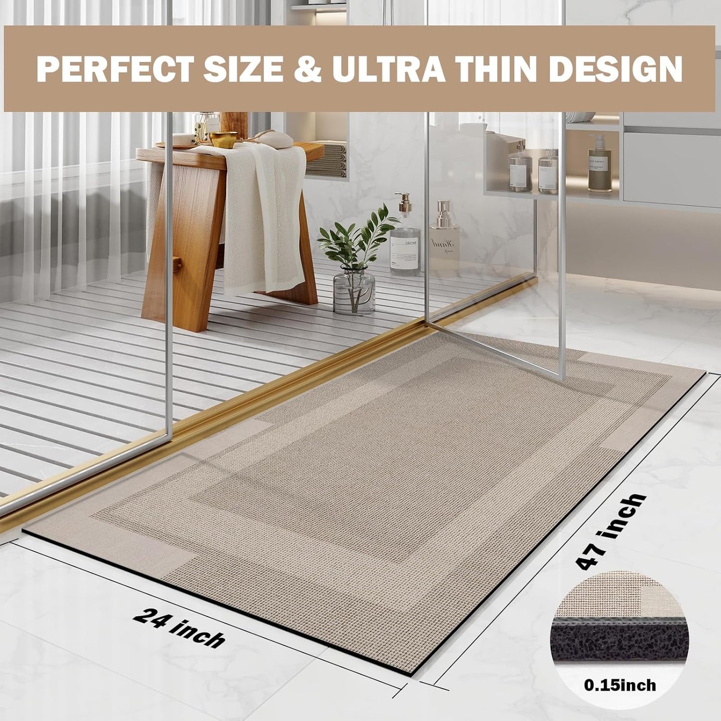 YDKGL Non Slip Long Bath Mat Bathroom Runner, Rubber Backing Ultra Thin Bathroom Rugs Fit Under Door Quick Dry Super Absorbent Washable Bath Rug Shower Mat for Bathtub Sink Floor, Dark Gray 17"x47"
