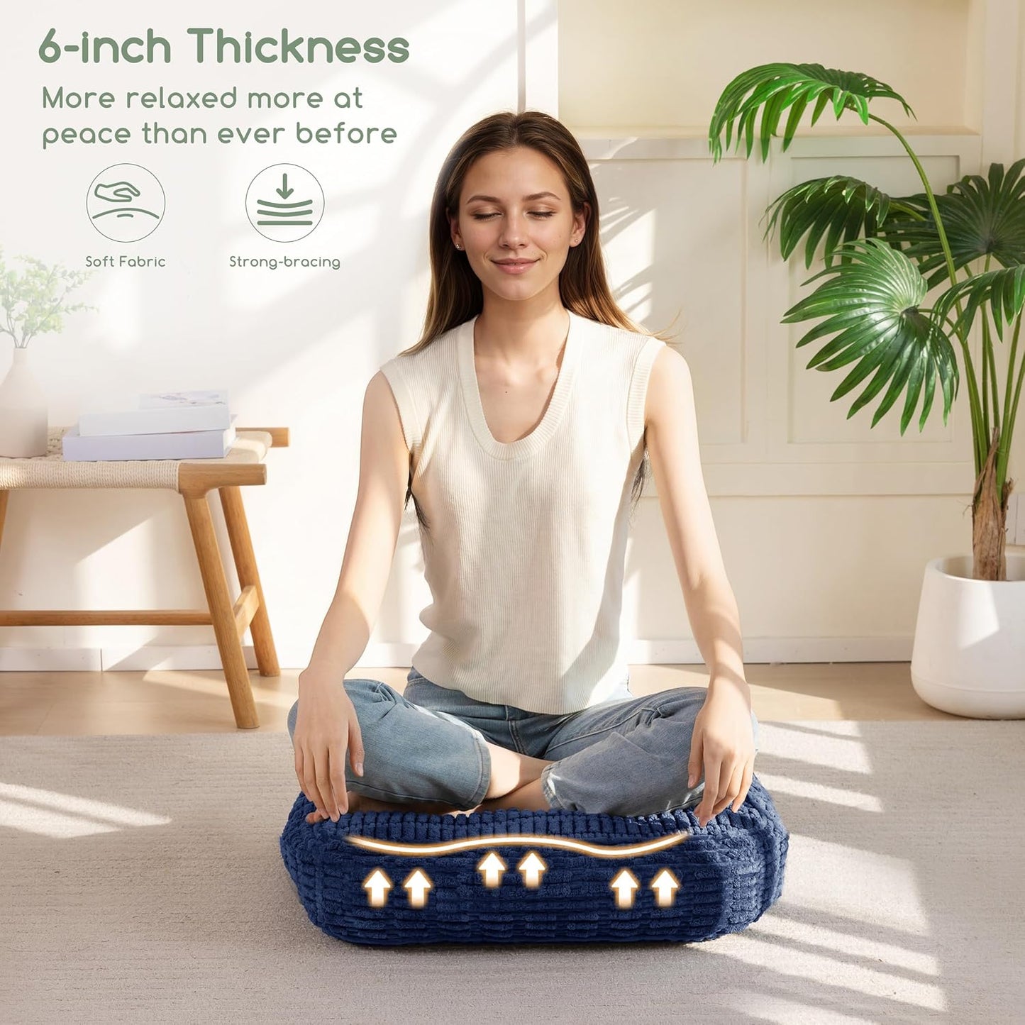 HIGOGOGO Floor Pillow Cushion for Adults, Meditation Cushion Pillow, Blended Corduroy Cover, Large Square Floor Sitting for Tatami Living Room or Yoga, 22x22 Inch, Beige