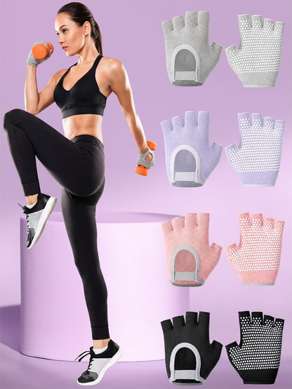 Fourluoo 4 Pairs Pilates Gloves with Grips for Women Non Slip Cotton Fingerless Silicone Yoga Gloves for Gym Exercise Workout Weight Training Mitten Fits Women Men