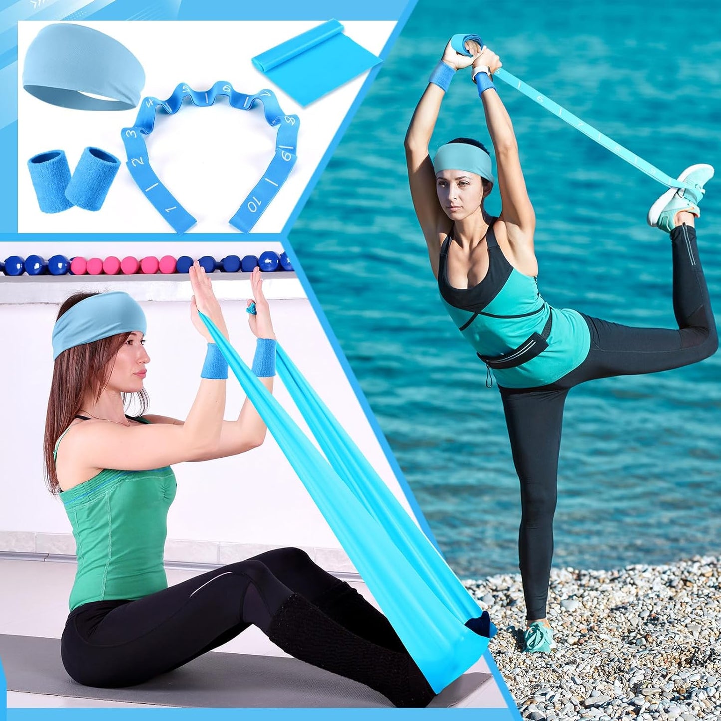 Poen 18 Pcs Home Pilates Ball and Ring Circle Set Yoga Fitness Essentials Kit with 5 Resistance Band Stretching Strap Non Slip Sock Ball Core Slider Wristband Headband Gym Bag for Women