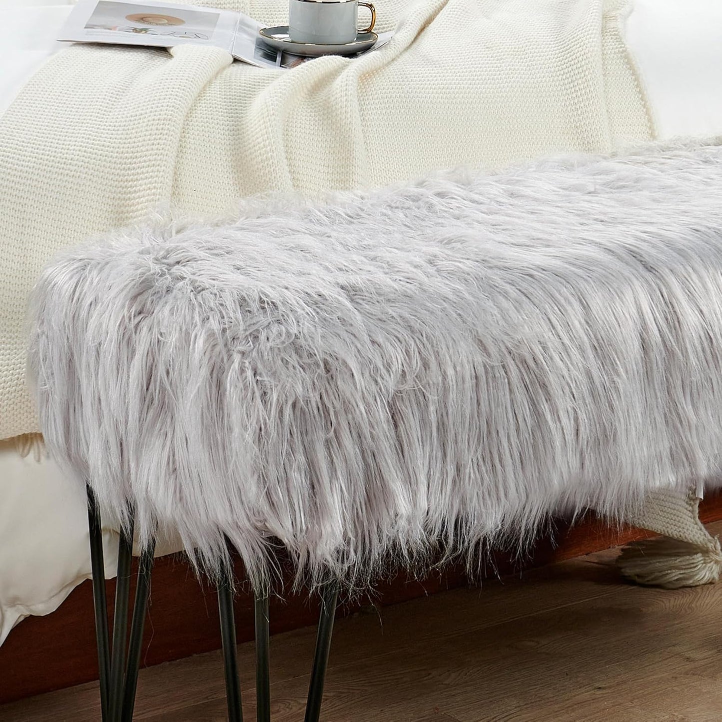 Home Soft Things Green Mongolian Faux Fur Ottoman, Desert Sage, 19'' x 13'' x 17'', Cozy Plush Fluffy Ottoman Foot Rest Stool for Living Room Bedroom Entryway Makeup Bench End of Bed Home Décor