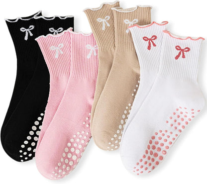 Grip Socks Pilates,4/6Pairs Cotton Cute Pilates Socks for Women, Ruffle Grippy Sock for Yoga Barre Hospital 5-10in