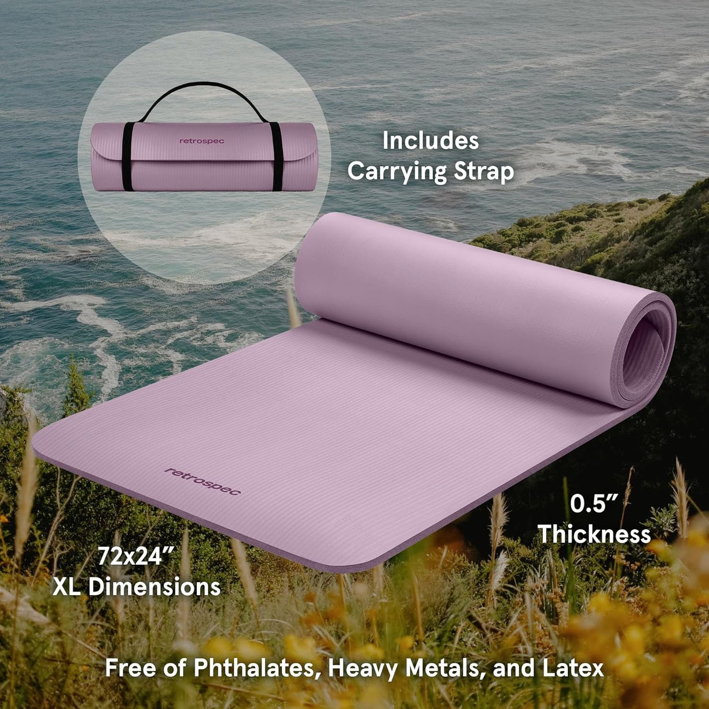 Retrospec Solana Yoga Mat Thick 1/2in Non-Slip Workout Mat with Nylon Strap - 72x24in Exercise Mat for Pilates, Stretching & Fitness - BPA Free, Easy Clean